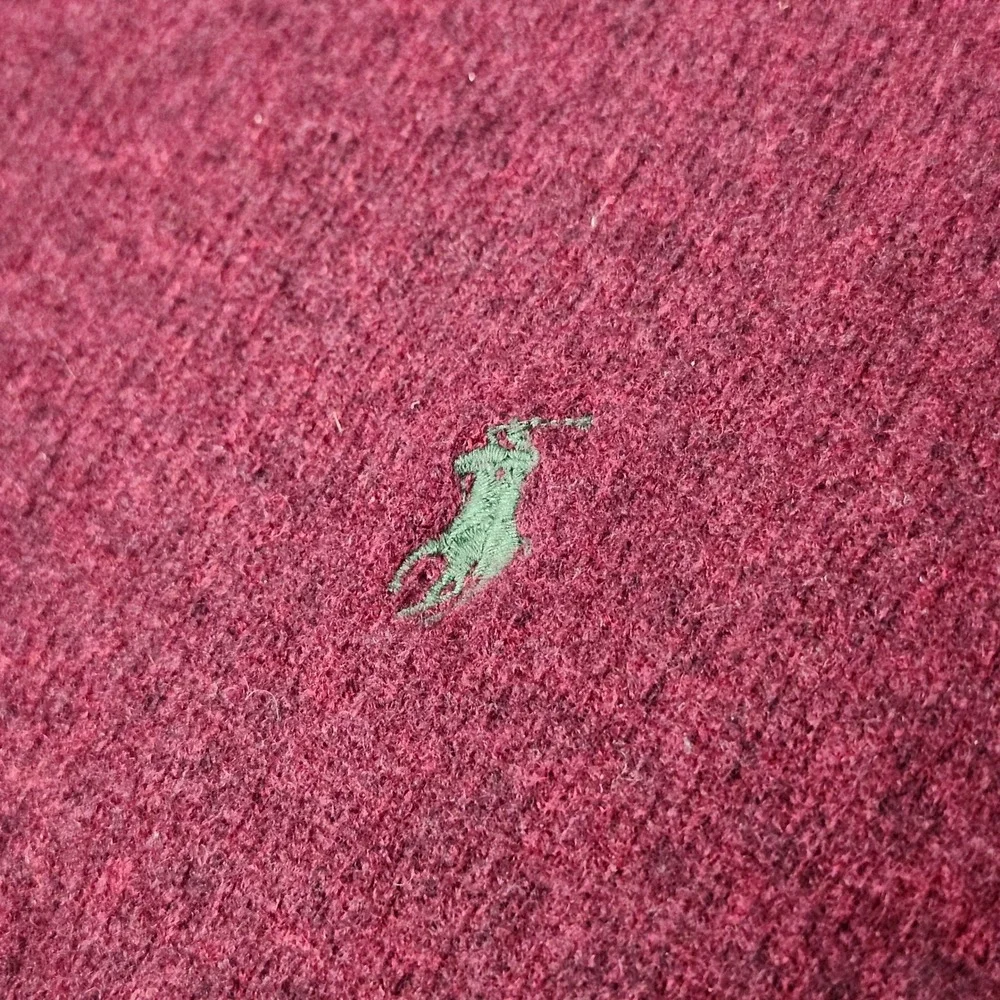Polo Ralph Lauren 100% Lambswool Sweater Burgundy V Neck Green Pony Knit XL